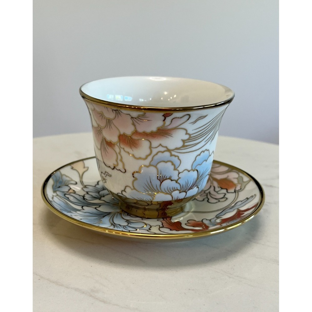 Gold Rim Peony Floral Teacup Saucer Spoon Set Fine Porcelain Cottagecore Party - Picture 4 of 14